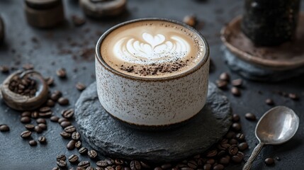 A close-up of a cappuccino with thick milk foam, served in a ceramic cup with latte art, surrounded by coffee beans and a spoon