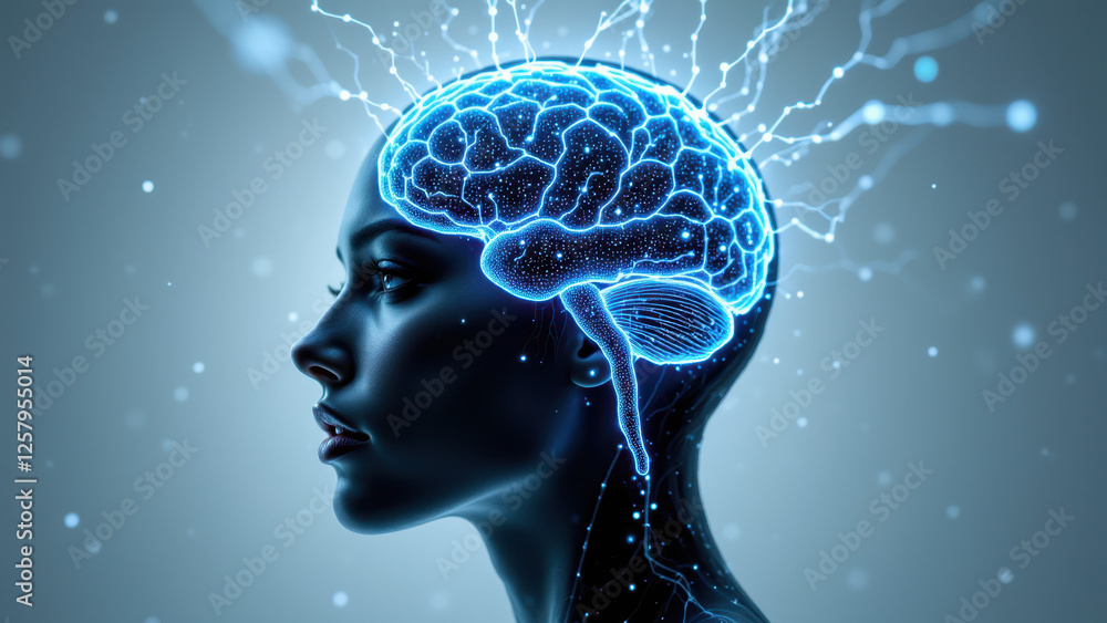 Poster futuristic human head with illuminated brain, showcasing artificial intelligence and advanced cognit