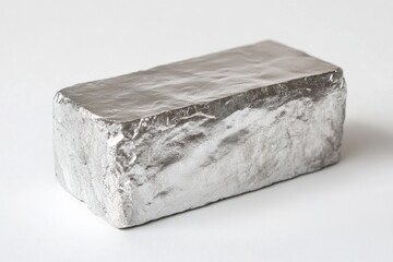 A rectangular block of shiny silver colored metal is depicted