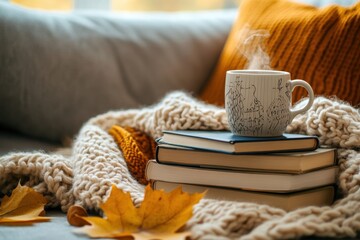 Cozy autumn coffee moments with books and knitted blankets living room still life warm environment close-up relaxation concept