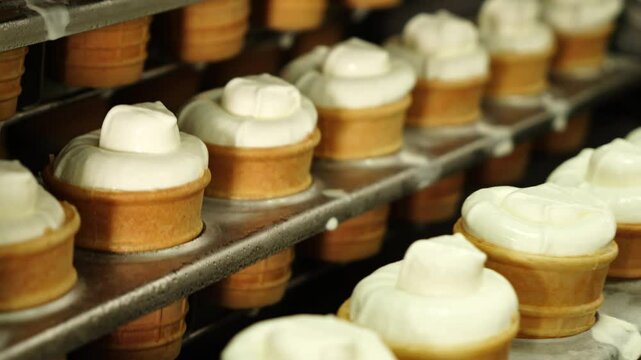 Ice cream in wafer cups moves along the conveyor
