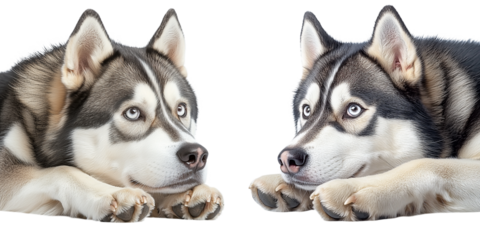 Two huskies lying down, looking curiously at each other, showcasing their striking features and expressive eyes.