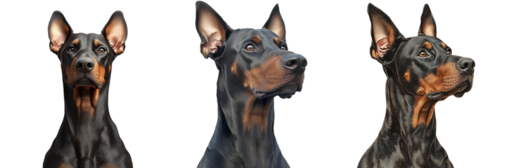 A trio of Doberman heads displaying various angles, showcasing their strong features and attentive expressions.