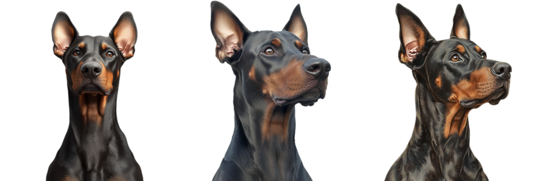 A trio of Doberman heads displaying various angles, showcasing their strong features and attentive expressions.