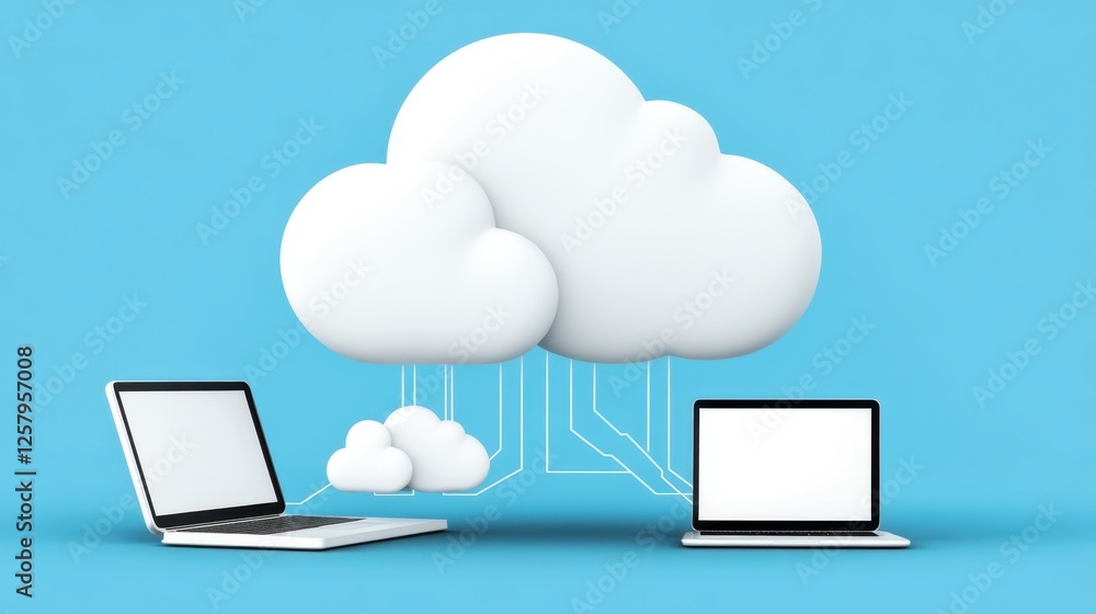 Aufkleber 3d rendered image of two laptops connected to a white cloud icon, representing cloud computing techn