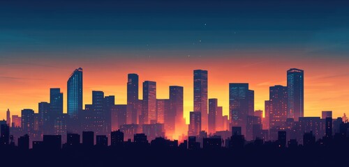 Fototapeta premium A panoramic view of the city skyline at sunset, with tall buildings silhouetted against the orange and blue sky.