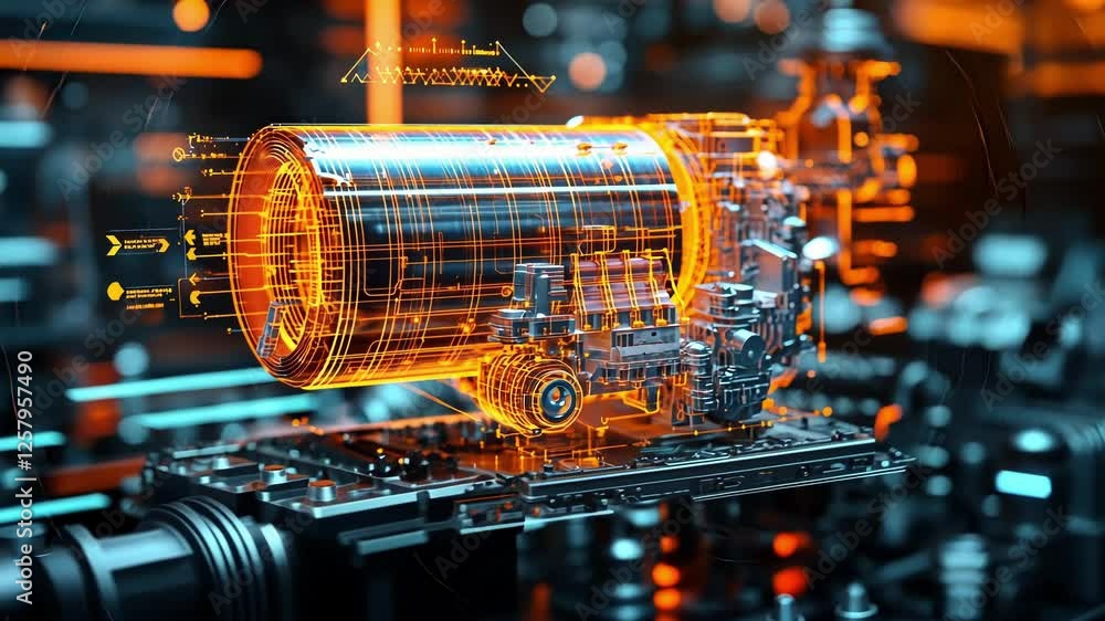 Poster complex digital engine rotating and glowing orange with data flowing through it, showcasing advanced