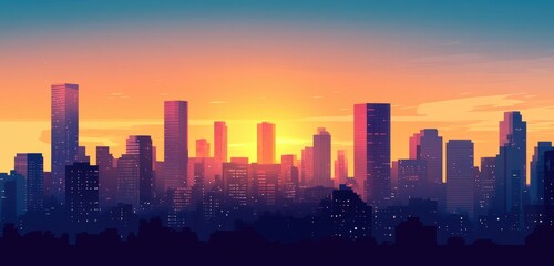 Fototapeta premium A panoramic view of the city skyline at sunset, with tall buildings silhouetted against the orange and blue sky.