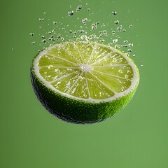 Macro shot of a fresh lime slice with water droplets and air bubbles on a vibrant green background