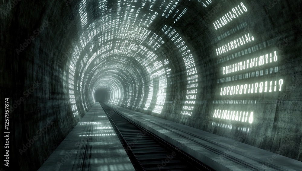 Poster digital tunnel: train journey through binary code, futuristic railway system, data stream visualizat
