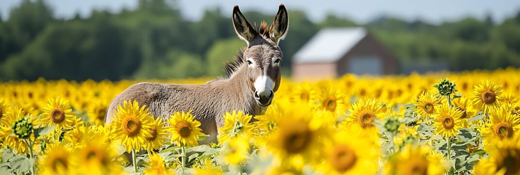Donkey standing in a sunflower field on a bright sunny day with a barn visible in the background