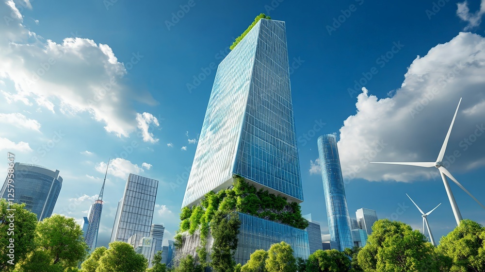 Poster an energy-efficient skyscraper with embedded wind turbines and solar panels, futuristic corporate in