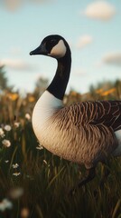 Obraz premium a goose walking across a grassy field, its feathers shimmering in the soft sunlight. The background features the clear blue sky