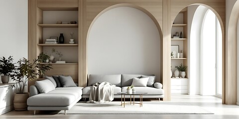 Modern living room, arched alcoves, sunlight, minimalist decor, interior design