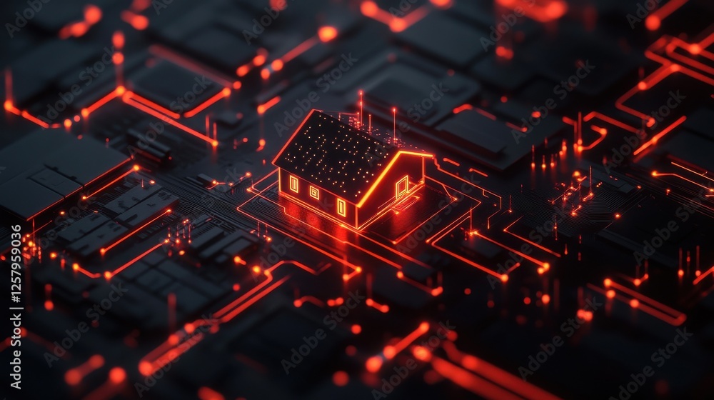 Poster smart system management and smart home technologies concept with glowing digital home icon surrounde