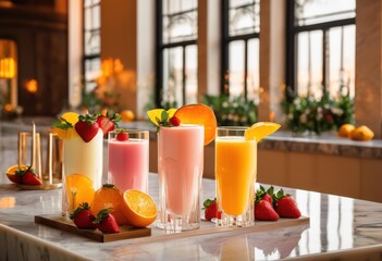 aesthetic display vibrant milk cocktail ingredients showcased elegant glasses refreshing beverage presentation, fruit, cream, syrup, decoration, visuals