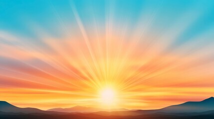 Fototapeta premium Sunrise panorama, vivid colors, orange, yellow, blue, pixelated style, sun rays, clouds, horizon, mountains, peaceful atmosphere, digital art