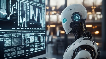 Fototapeta premium Artificial intelligence hologram analyzing global financial data, future of AI in corporate markets.