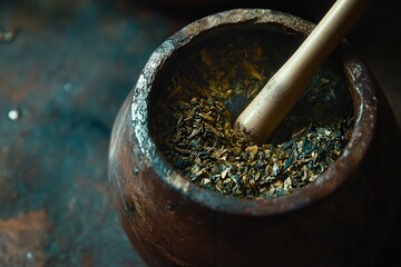 a handcrafted mate tea glass with a bombilla inserted, highlighting the texture of the yerba mate leaves inside