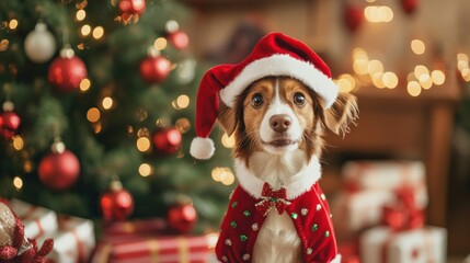 Christmas pet photo. Featuring a pet in festive Christmas attire and decorations. Highlighting the holiday spirit and joy of pets during Christmas. Ideal for Christmas-themed pet photo collections.