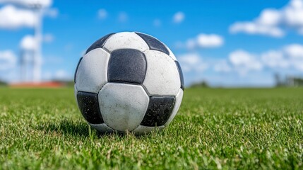 Fototapeta premium Close up of a vintage ball resting on a grassy field under a partly cloudy blue sky. The ball is black and white with a textured surface and shows