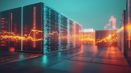 Battery storage facility with futuristic financial data overlay, smart energy storage investments.