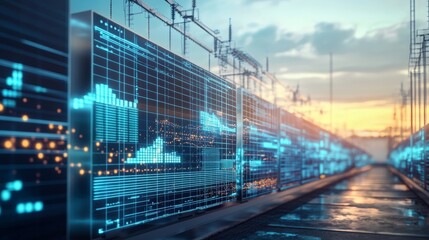 Battery storage facility with futuristic financial data overlay, smart energy storage investments.