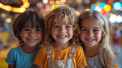 Three happy kids pose playfully in a children's center, their bright expressions and fun demeanor filling the frame.