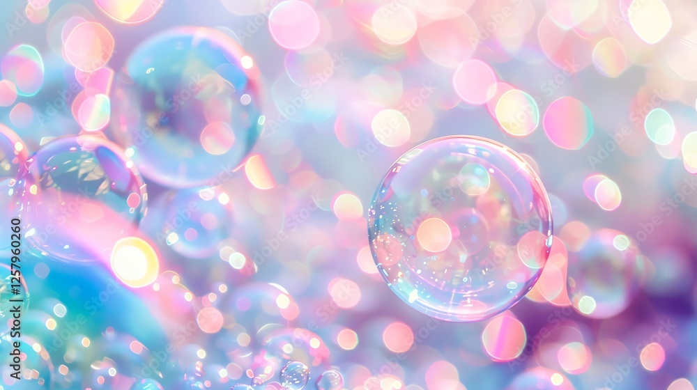Poster abstract background of colorful bokeh lights and soap bubbles.