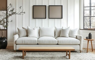 Modern living room sofa, wooden bench, white walls, natural light