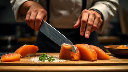 Masterful Cuts: A skilled chef's hands expertly slice a piece of fresh salmon, creating a stunning display of culinary precision and expertise.