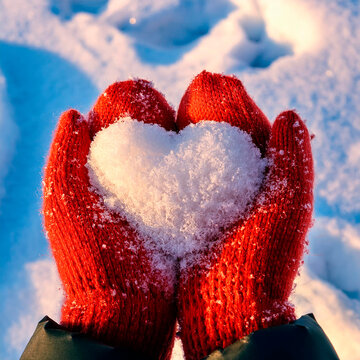 Neve a forma di cuore tenuti in mano da una ragazza con guanti di lana rossa