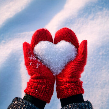 Neve a forma di cuore tenuti in mano da una ragazza con guanti di lana rossa