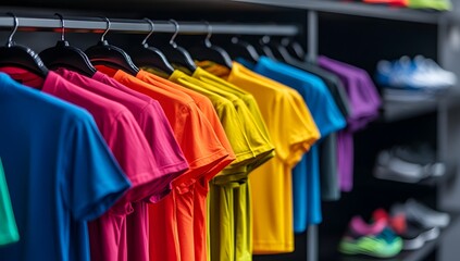Fototapeta premium Colorful T-shirts on hangers in a clothing store