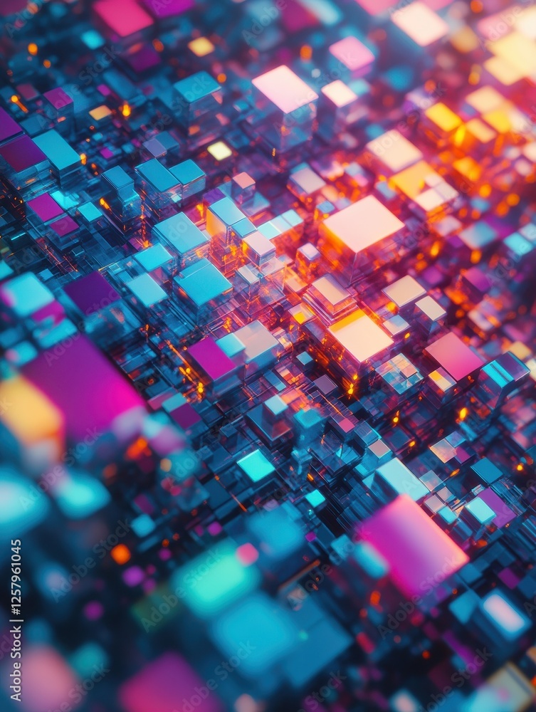 Poster abstract colorful blurry pixel blocks background. bg and technology, digital world concept. 3d rende
