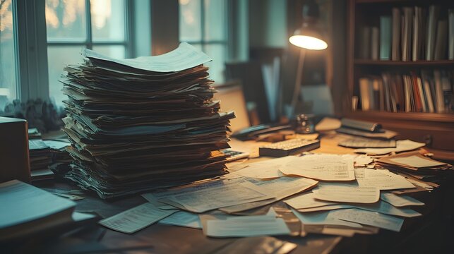 Overwhelmed by paperwork: a massive stack of documents on a messy desk illuminated by a warm lamp.