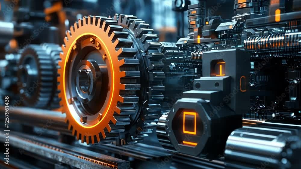 Poster complex industrial mechanism with gears rotating and showing futuristic digital charts and graphs, r
