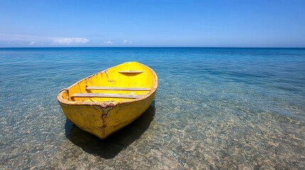 A bright yellow rowboat rests gently in shallow, clear turquoise water. The boat's hull shows signs of age and weathering. The water is incredibly