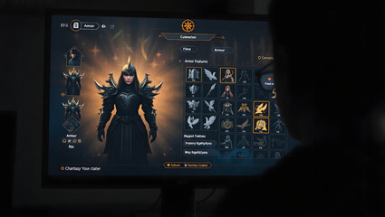 Gamer Customizing Character: A gamer meticulously tailors their character's appearance in a video game, selecting armor, weapons, and other details.