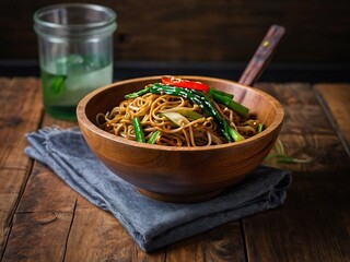 Vibrant Chow Mein Noodles with Fresh Vegetables in Wooden Bowl High Angle View