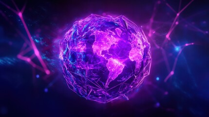 4IR fourth industrial revolution on the ultraviolet background of polygon world map globe with blockchain technology peer to peer network. Fourth industrial revolution business banner concept.