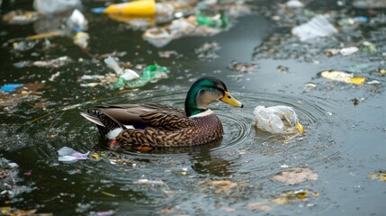 Fototapeta premium Polluted Water and a Duck: A Sad Reflection of Environmental Crisis