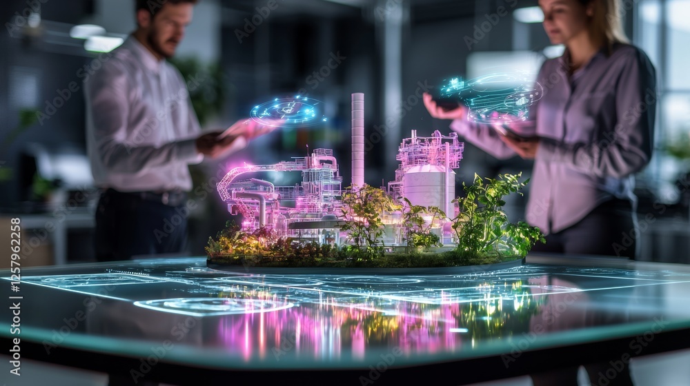 Poster a team of experts deliberates over a comprehensive holographic model of an advanced aerospace engine