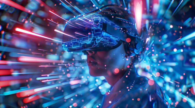 School student with VR headset using AI artificial intelligence technology & machine learning. Interactive technology in classroom. Innovation & smart tech. AI blue hologram,  virtual education - Powered by Adobe
