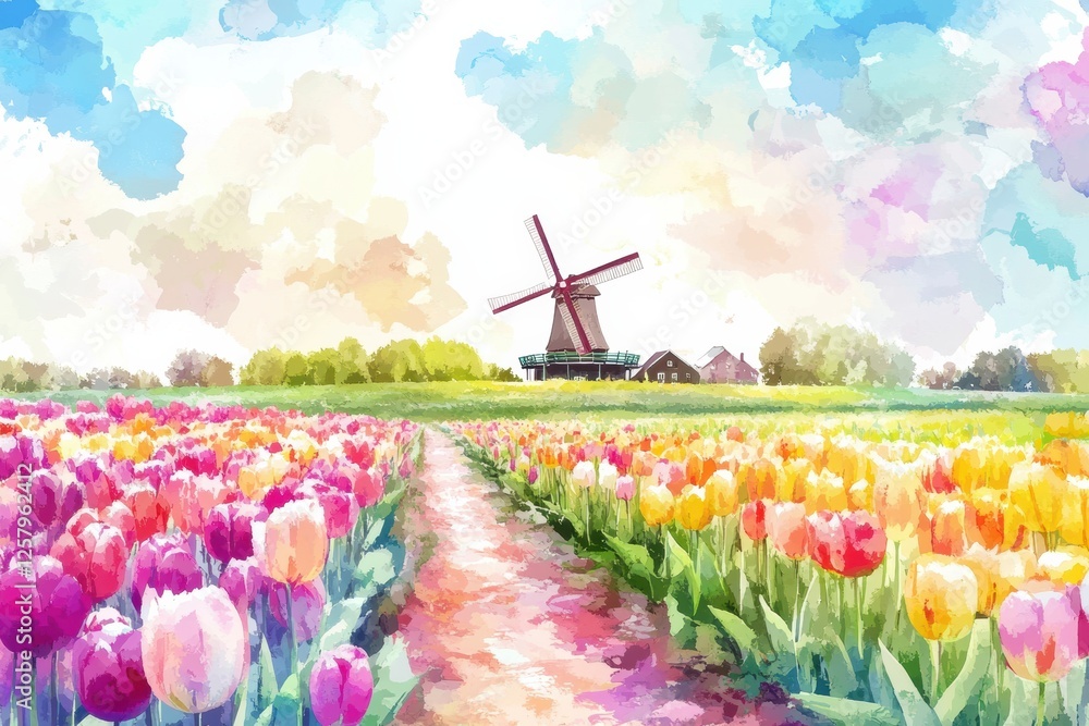 Fototapete vibrant tulip fields with a windmill in springtime creating a picturesque landscape for relaxation a