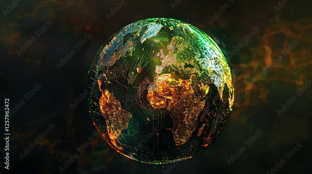 Poster a digital rendering of a glowing earth with a network of lines.