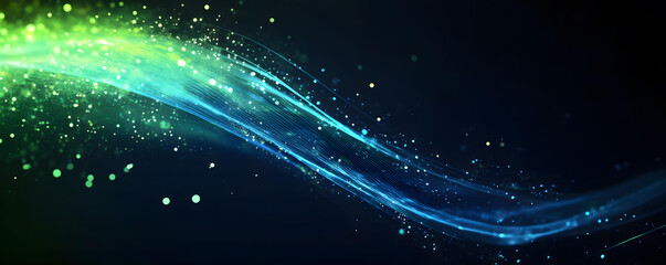 Fototapeta premium Abstract Blue and Green Light Wave with Sparkling Particles Background Image