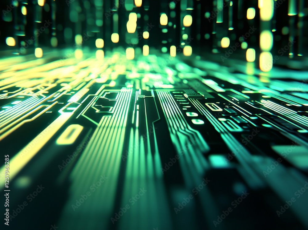 Poster a detailed view of a printed circuit board featuring chips and illustrating intricate connections an