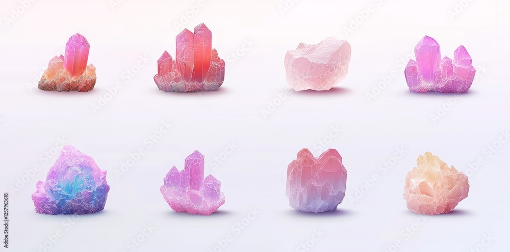 Poster a set of 3d holographic geometric shapes featuring y2k glass gradient objects that resemble crystal 