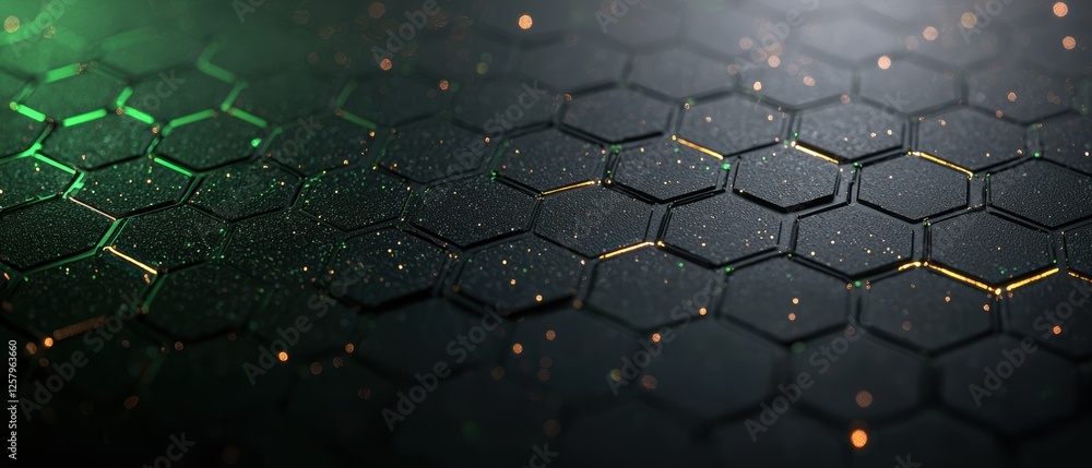 Poster low angle perspective of an abstract green honeycomb texture with sparkling elements